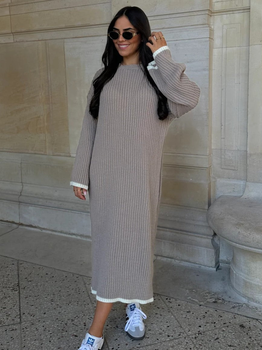 Knitted Grey Beige Maxi Stripe Jumper Dress | Modest Winter Outfits Femme Couture Knitted Grey Beige Maxi Stripe Jumper Dress | Modest Winter Outfits Femme Couture