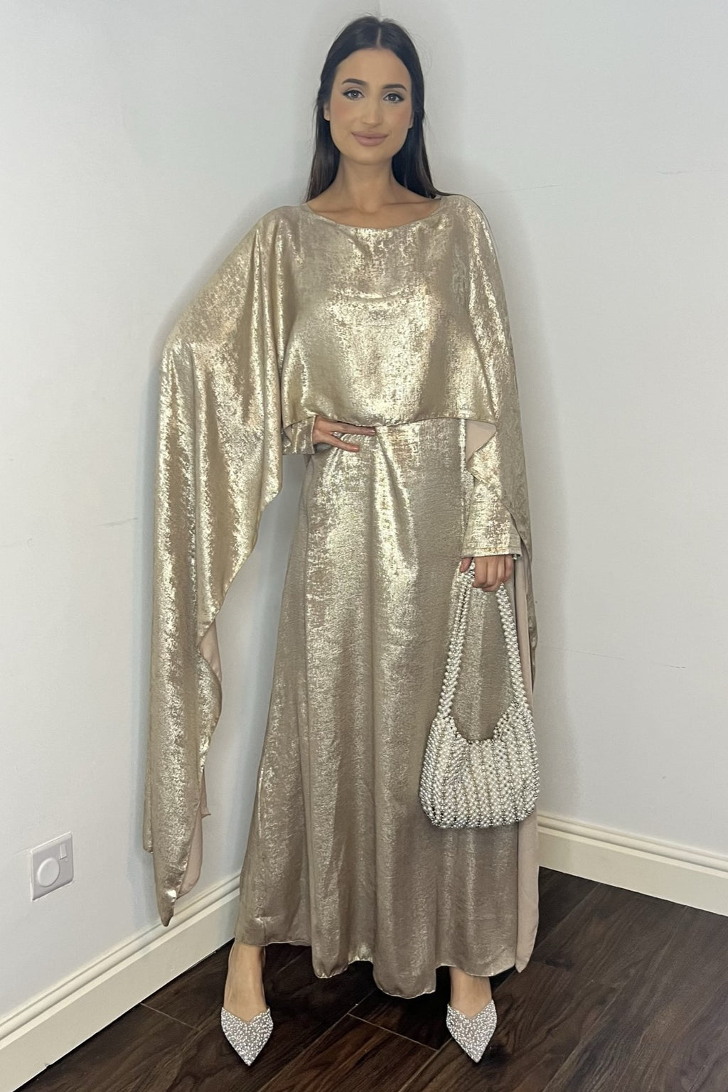Maxi Formal Modest Cape Gold Dress