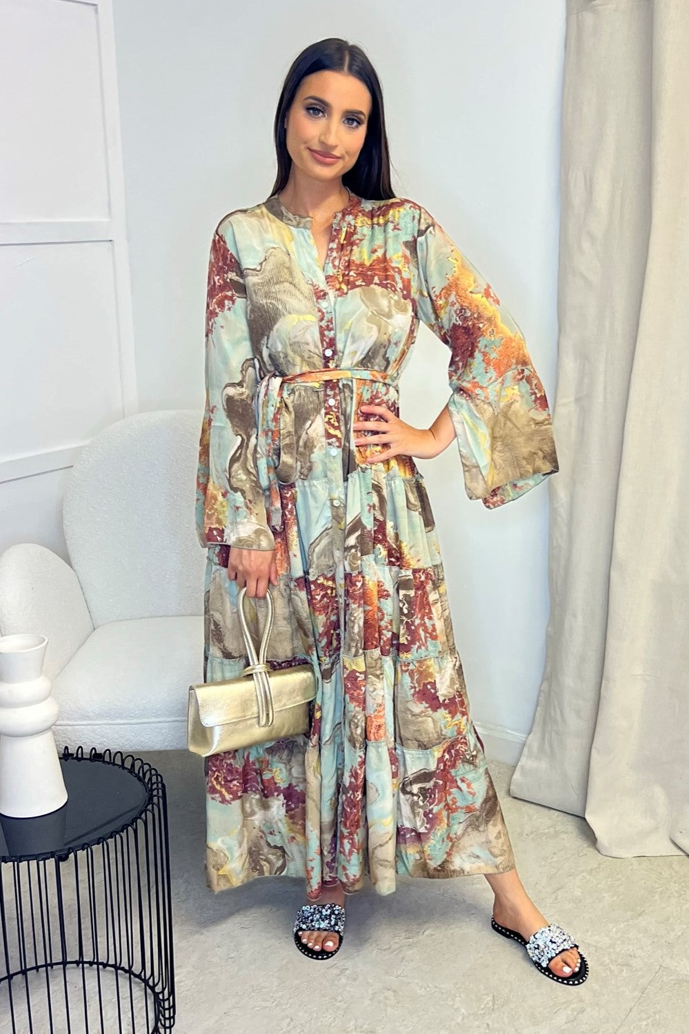 Maxi Tiered Tie Dye Gold Holiday Dress