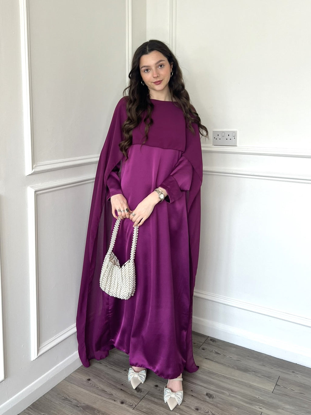 Women's Modest Maxi Plum Purple Cape Dress