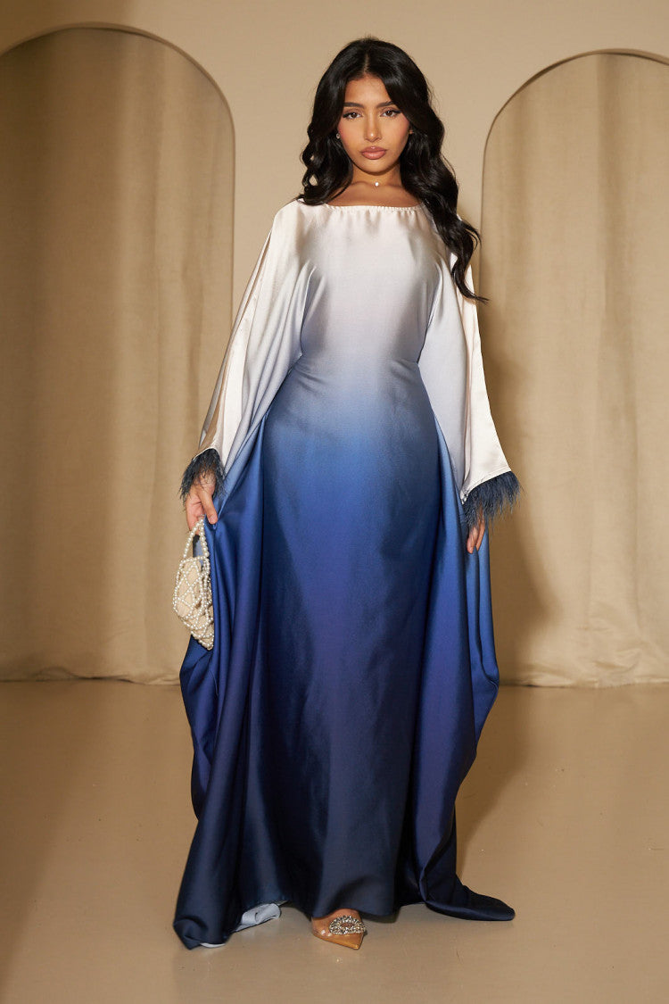 Ombre Feather Cuff Navy Blue Butterfly Eid Kaftan Dress – Femme Couture