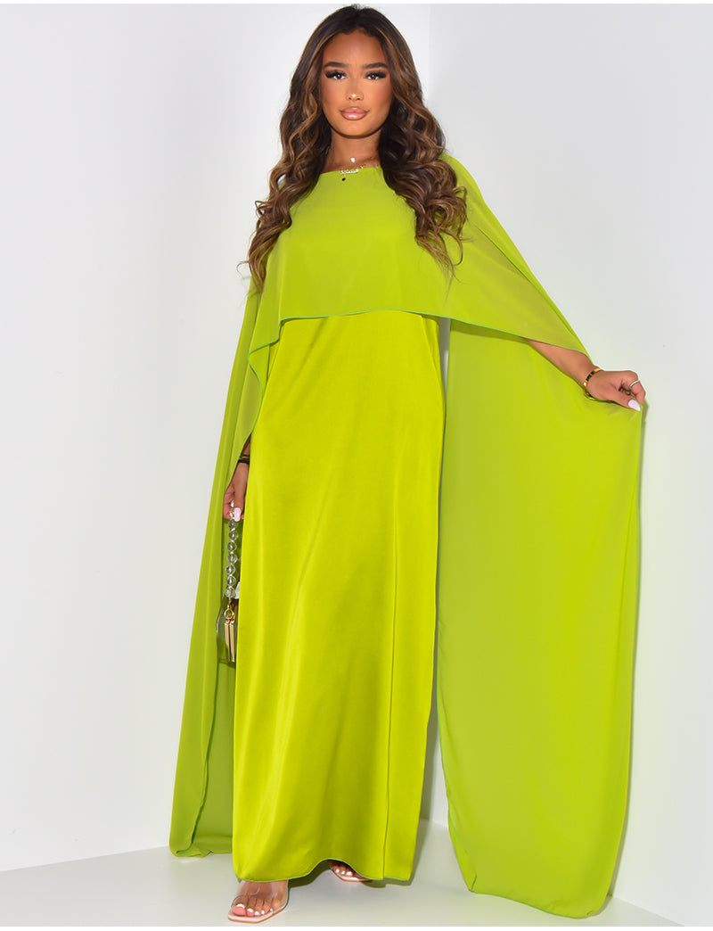 Maxi Formal Modest Cape Satin Lime Green Dress | Modest Clothing Femme Couture Maxi Formal Modest Cape Satin Lime Green Dress | Modest Clothing Femme Couture