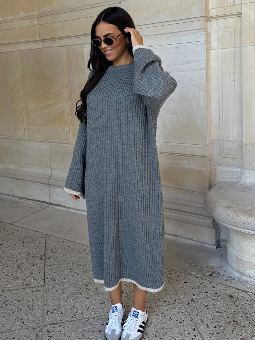 Knitted Grey Maxi Stripe Jumper Dress | Modest Winter Outfits Femme Couture Knitted Grey Maxi Stripe Jumper Dress | Modest Winter Outfits Femme Couture