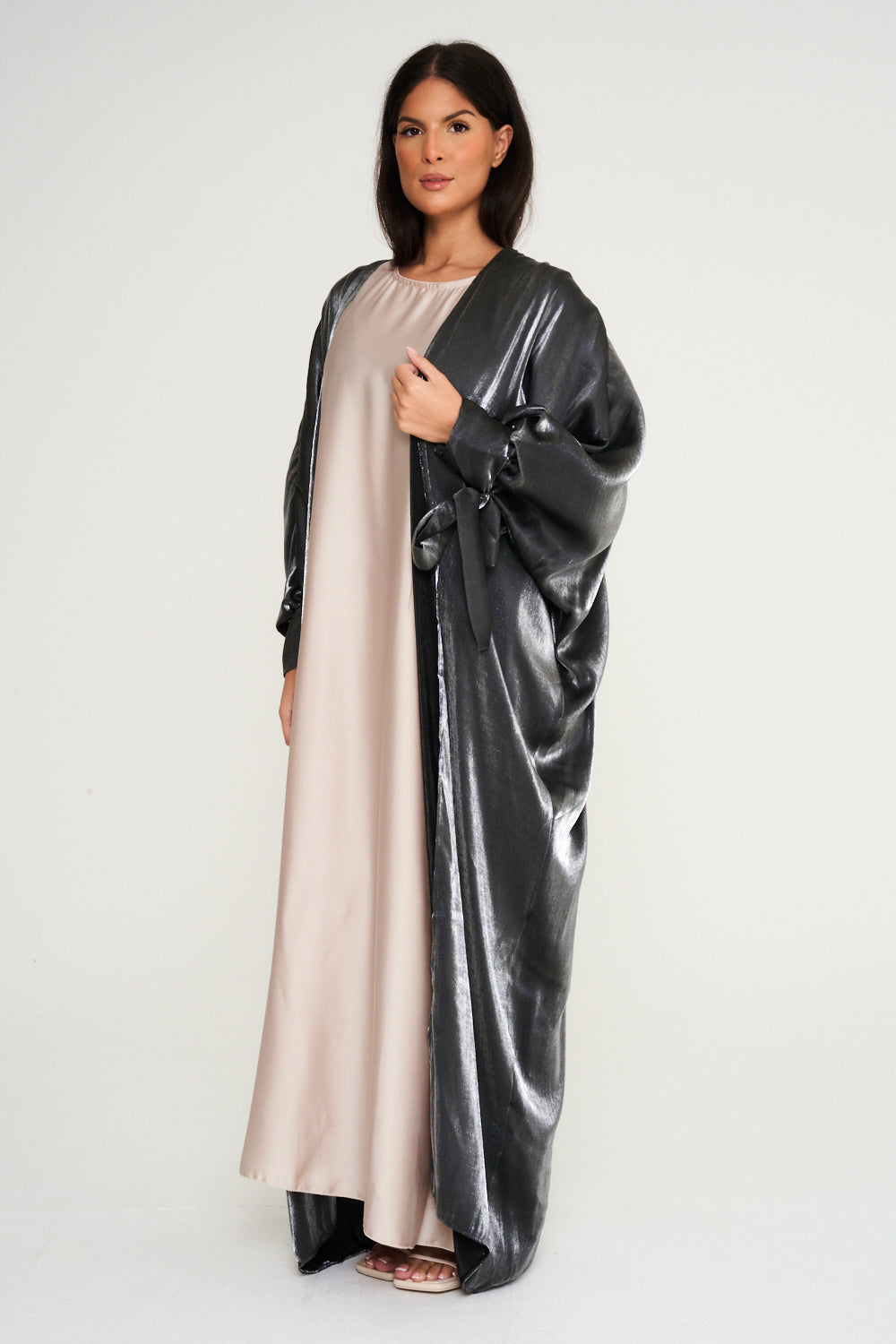 Shimmer Kimono Abaya - Silver Grey