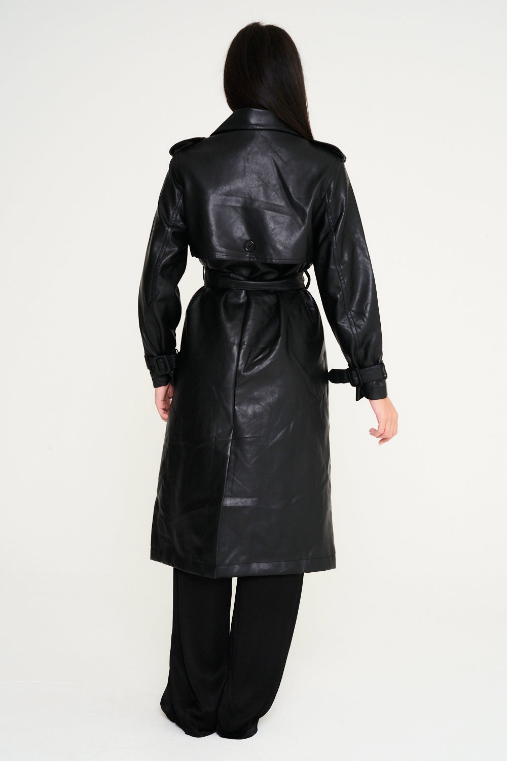 Women's Maxi Double Breasted Belted Vegan Leather Trench Coat