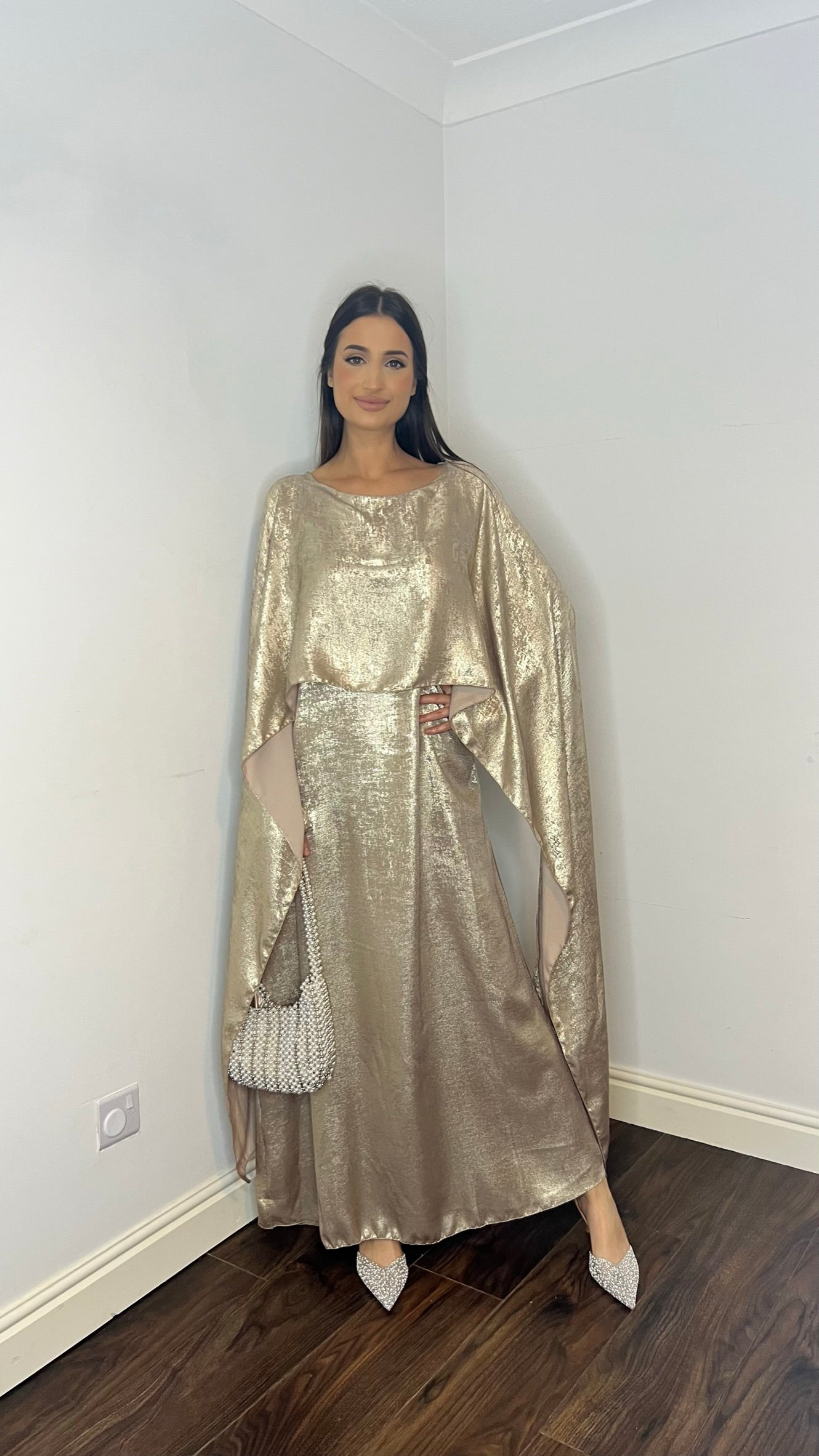 Maxi Formal Modest Cape Gold Dress