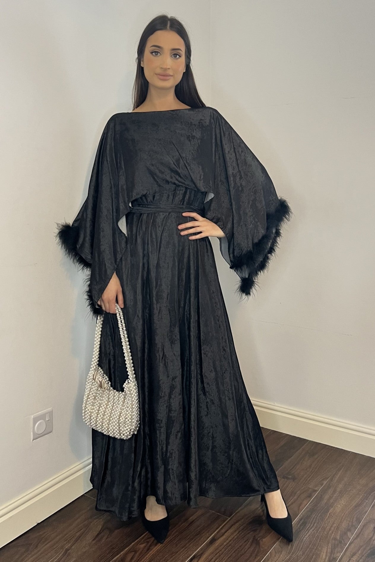 Maxi Black Formal Modest Cape Feather Dress | Modest Clothing Femme Couture Maxi Black Formal Modest Cape Feather Dress | Modest Clothing Femme Couture