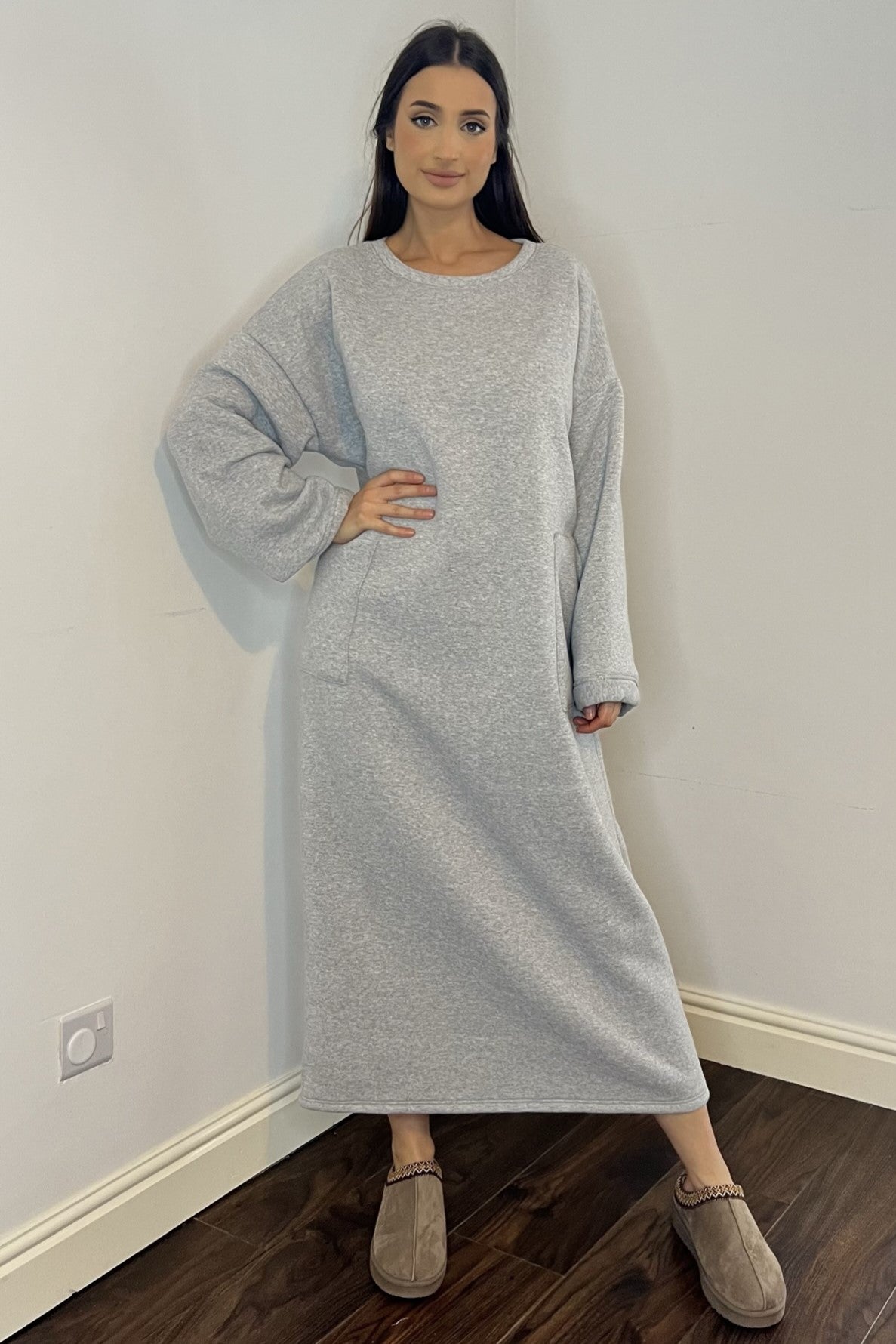 Women's Grey Maxi Oversized Sweatshirt Dress | Modest Winter Outfits Femme Couture Women's Grey Maxi Oversized Sweatshirt Dress | Modest Winter Outfits Femme Couture