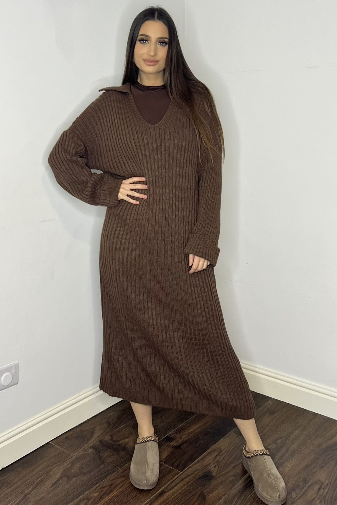 Rana Knitted Dress Choc Brown