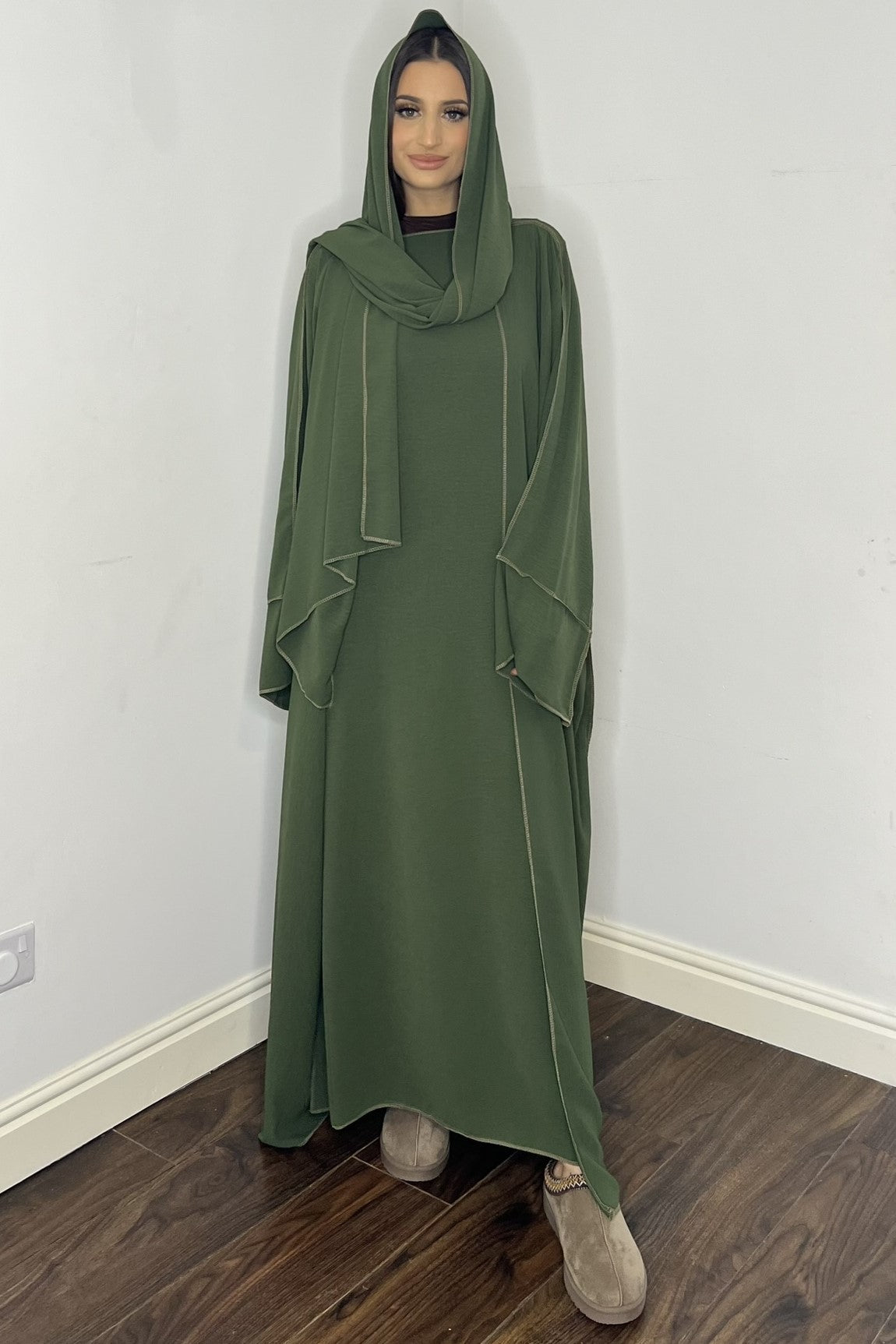 Three Piece Basic Khaki Abaya Slip Dress Hijab | Modest Clothing Femme Couture Three Piece Basic Khaki Abaya Slip Dress Hijab | Modest Clothing Femme Couture