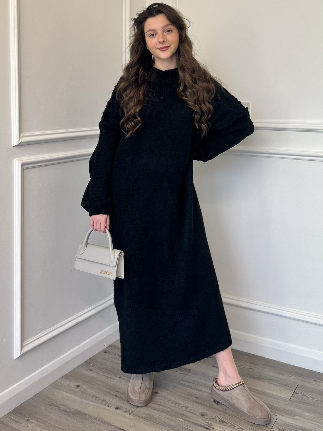 Women's Black Maxi Knitted Mohair Jumper Dress| Modest Winter Outfits Femme Couture Women's Black Maxi Knitted Mohair Jumper Dress| Modest Winter Outfits Femme Couture