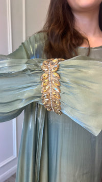 Jewelled Cuff Shimmer 3 Piece Abaya - Sage Green