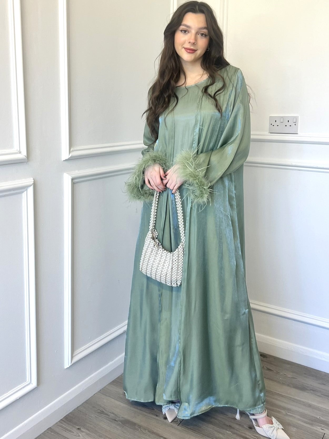 Shimmer Feather Cuff 3 Piece Abaya - Sage Green Shimmer Feather Cuff 3 Piece Abaya - Sage Green