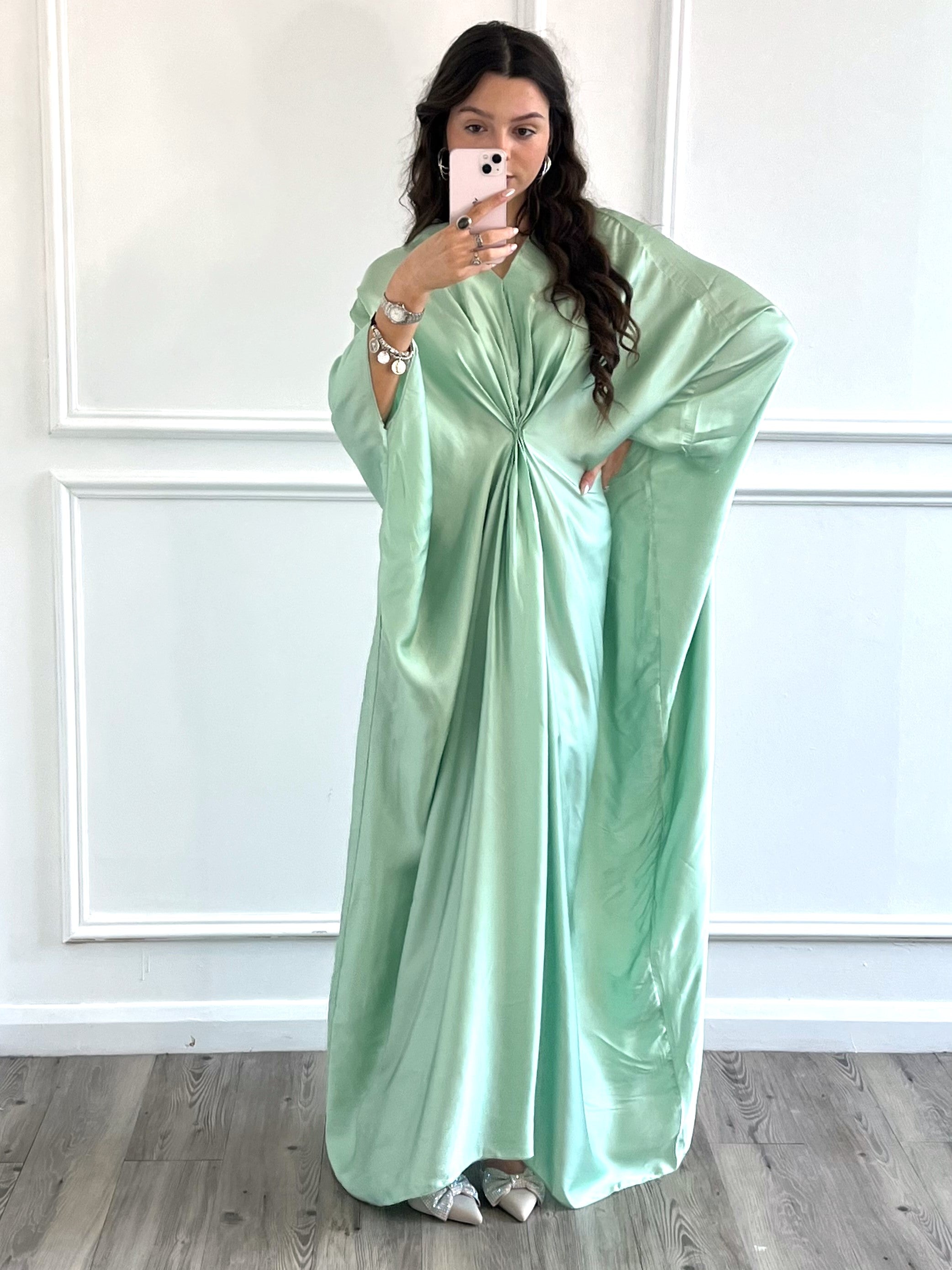 Maxi Sage Mint Green Satin Holiday Kaftan Dress | Modest Clothing Femme Couture Maxi Sage Mint Green Satin Holiday Kaftan Dress | Modest Clothing Femme Couture