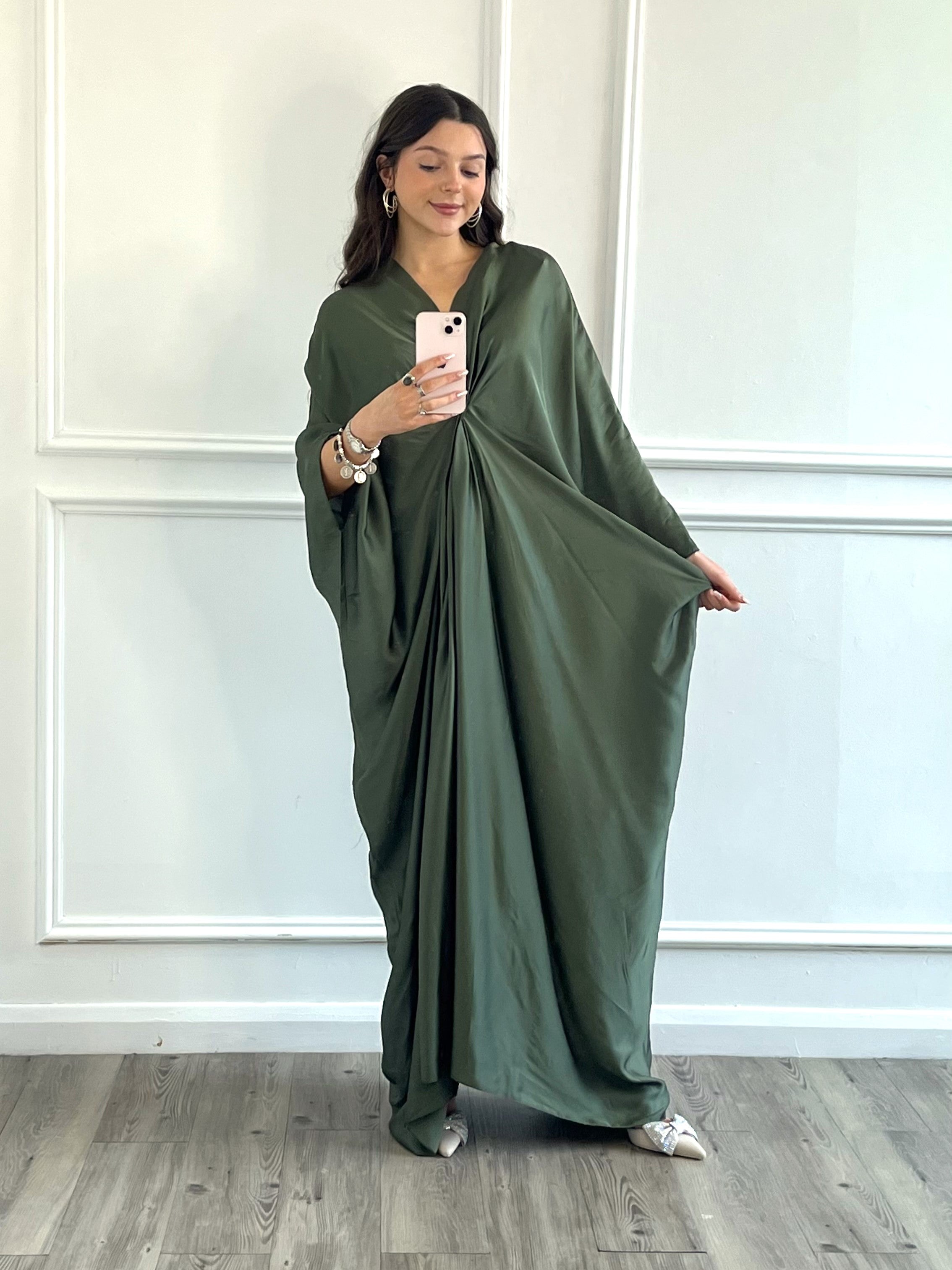 Maxi Khaki Green Satin Holiday Kaftan Dress | Modest Clothing Femme Couture Maxi Khaki Green Satin Holiday Kaftan Dress | Modest Clothing Femme Couture