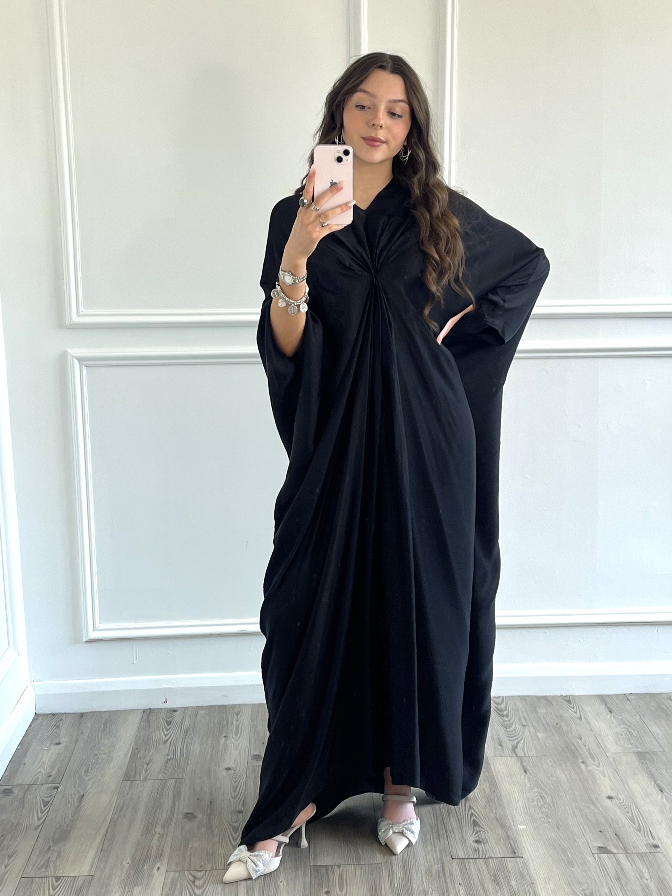 Maxi Black Satin Holiday Kaftan Dress | Modest Clothing Femme Couture Maxi Black Satin Holiday Kaftan Dress | Modest Clothing Femme Couture