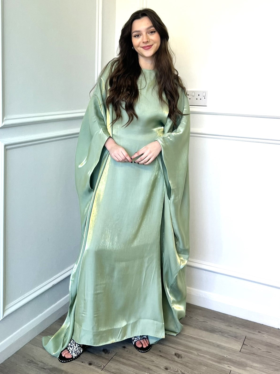 Maxi Green Butterfly Shimmer Holiday Kaftan Dress | Modest Clothing Femme Couture Maxi Green Butterfly Shimmer Holiday Kaftan Dress | Modest Clothing Femme Couture