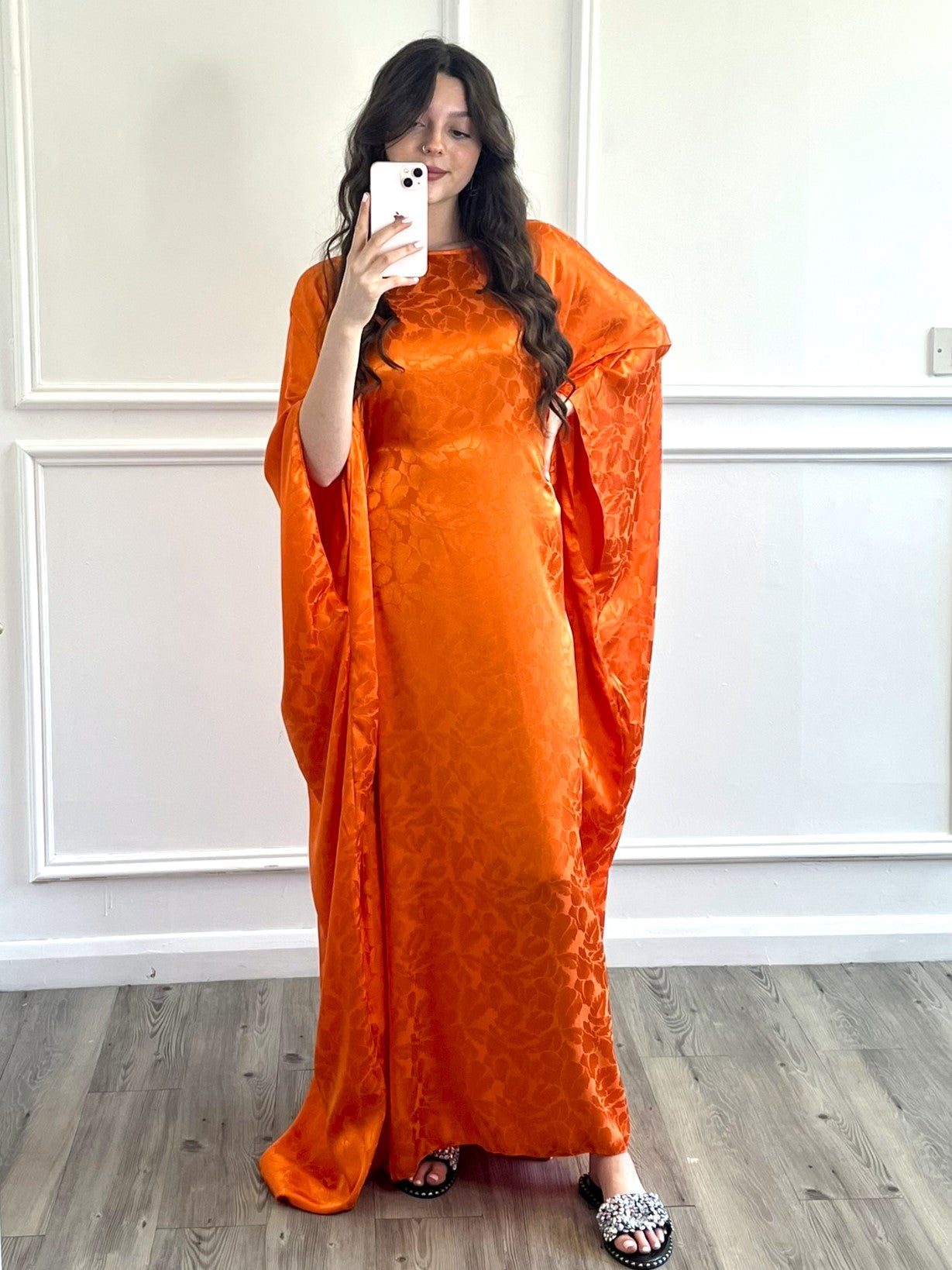 Leaf Print Kaftan Dress - Orange