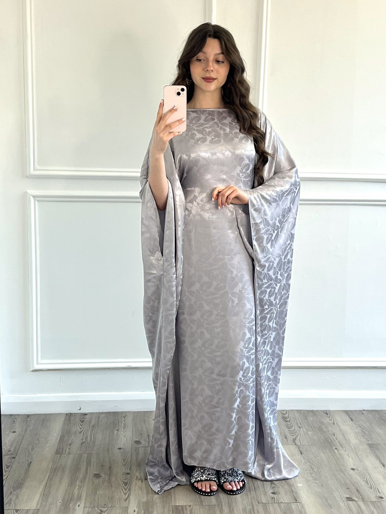 Leaf Print Kaftan Dress - Silver Grey