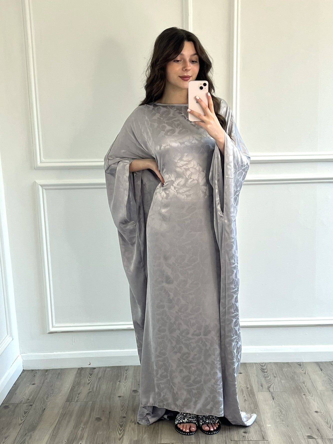 Leaf Print Kaftan Dress - Silver Grey