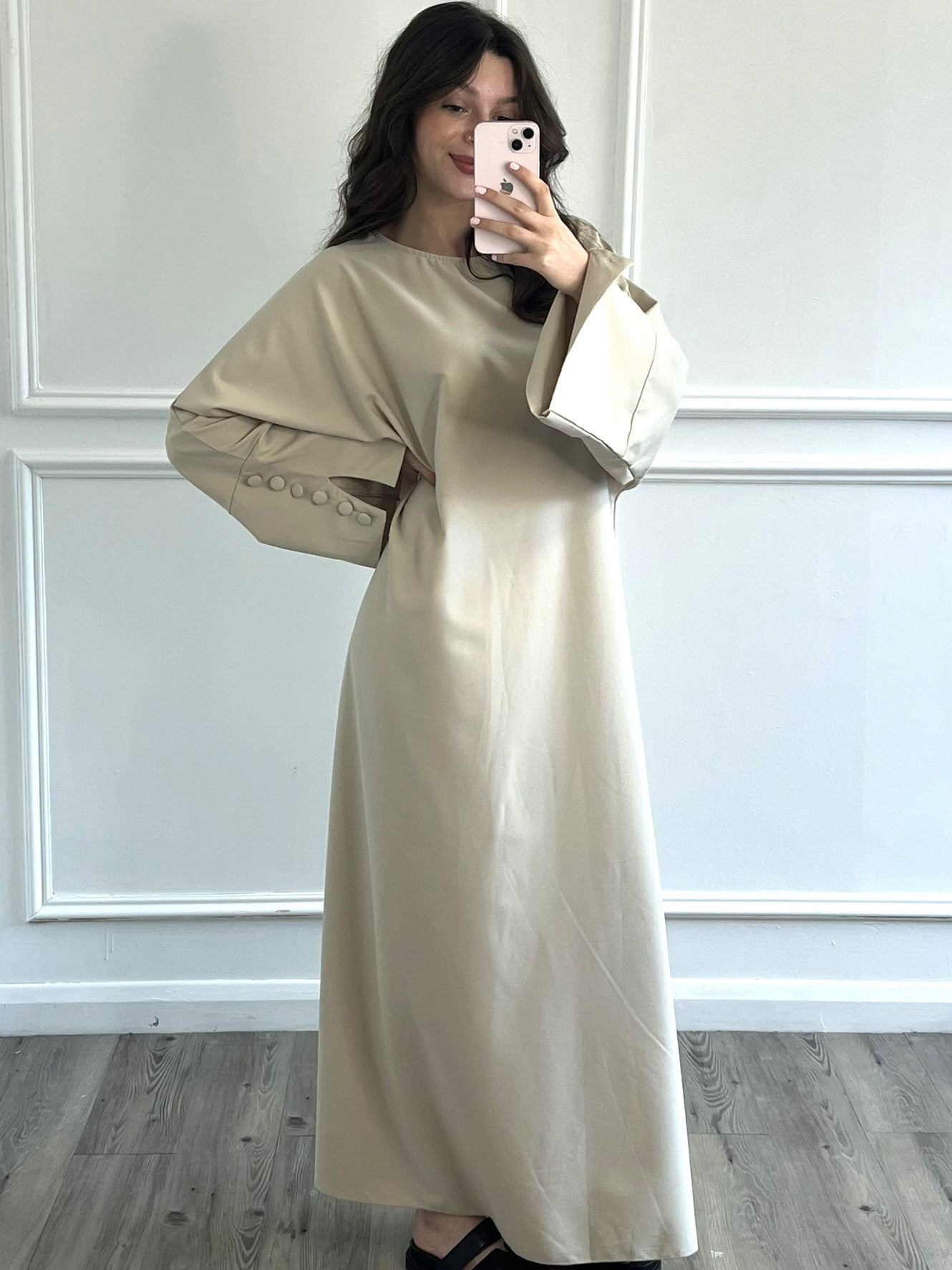 Linen Effect Abaya - Cream