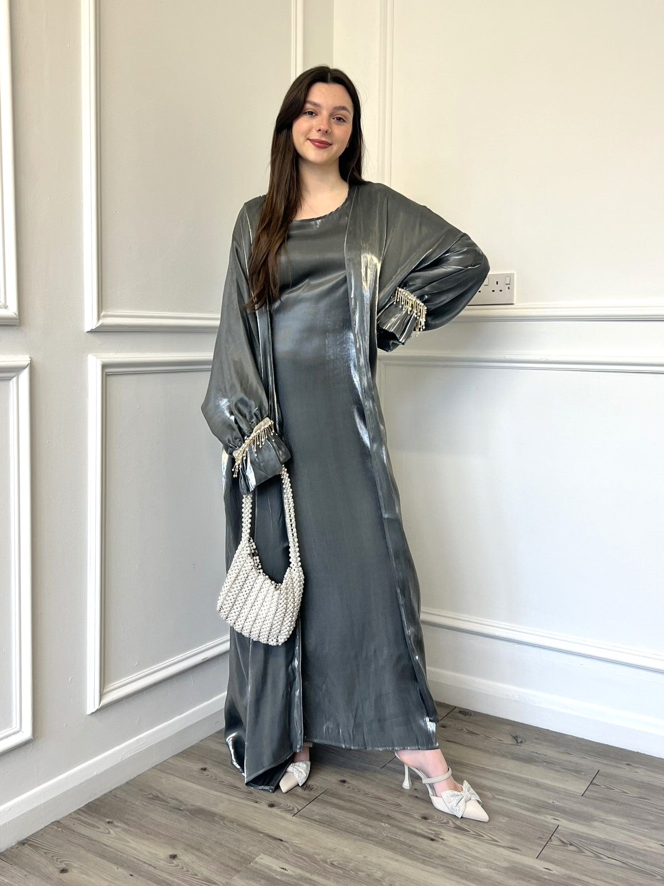 Pearl Sleeve Shimmer 2 Piece Abaya - Grey