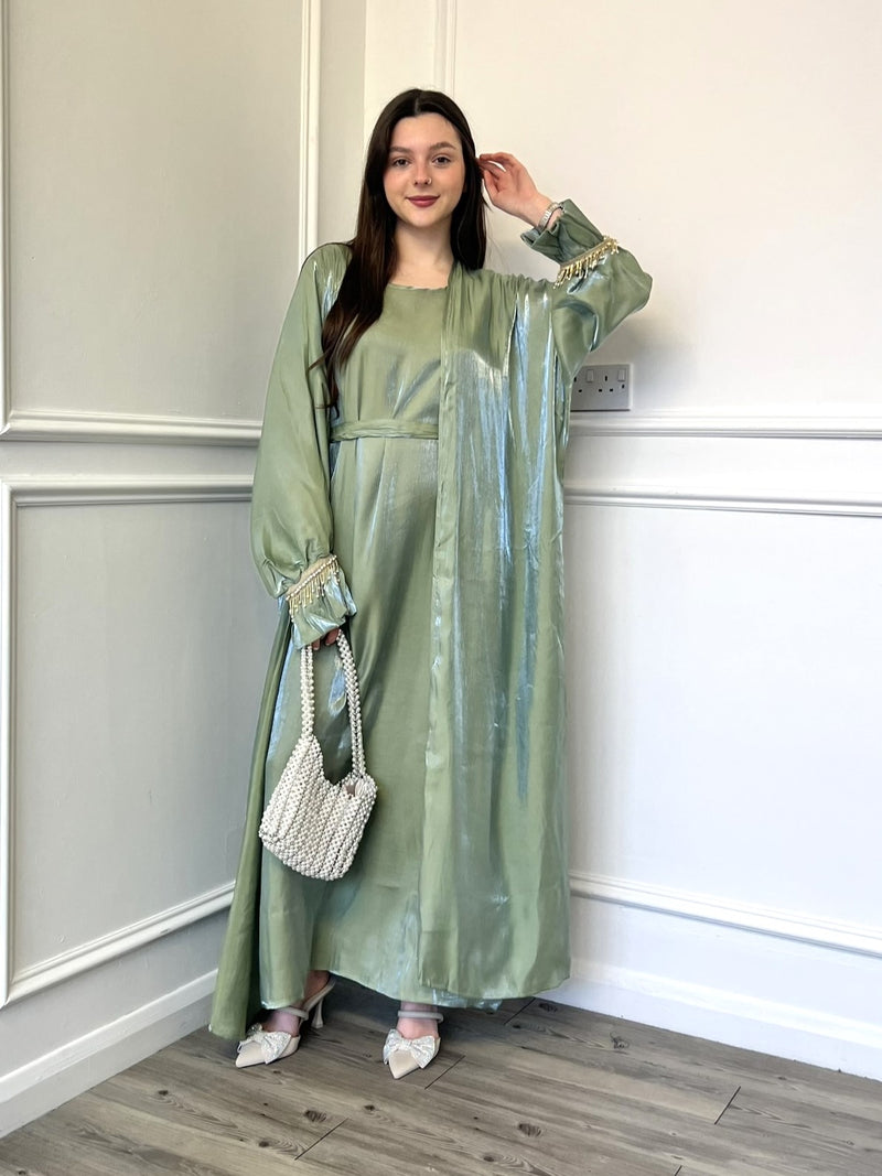 Pearl Sleeve Shimmer 2 Piece Abaya - Sage Green