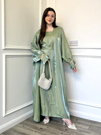 Pearl Sleeve Shimmer 2 Piece Abaya - Sage Green