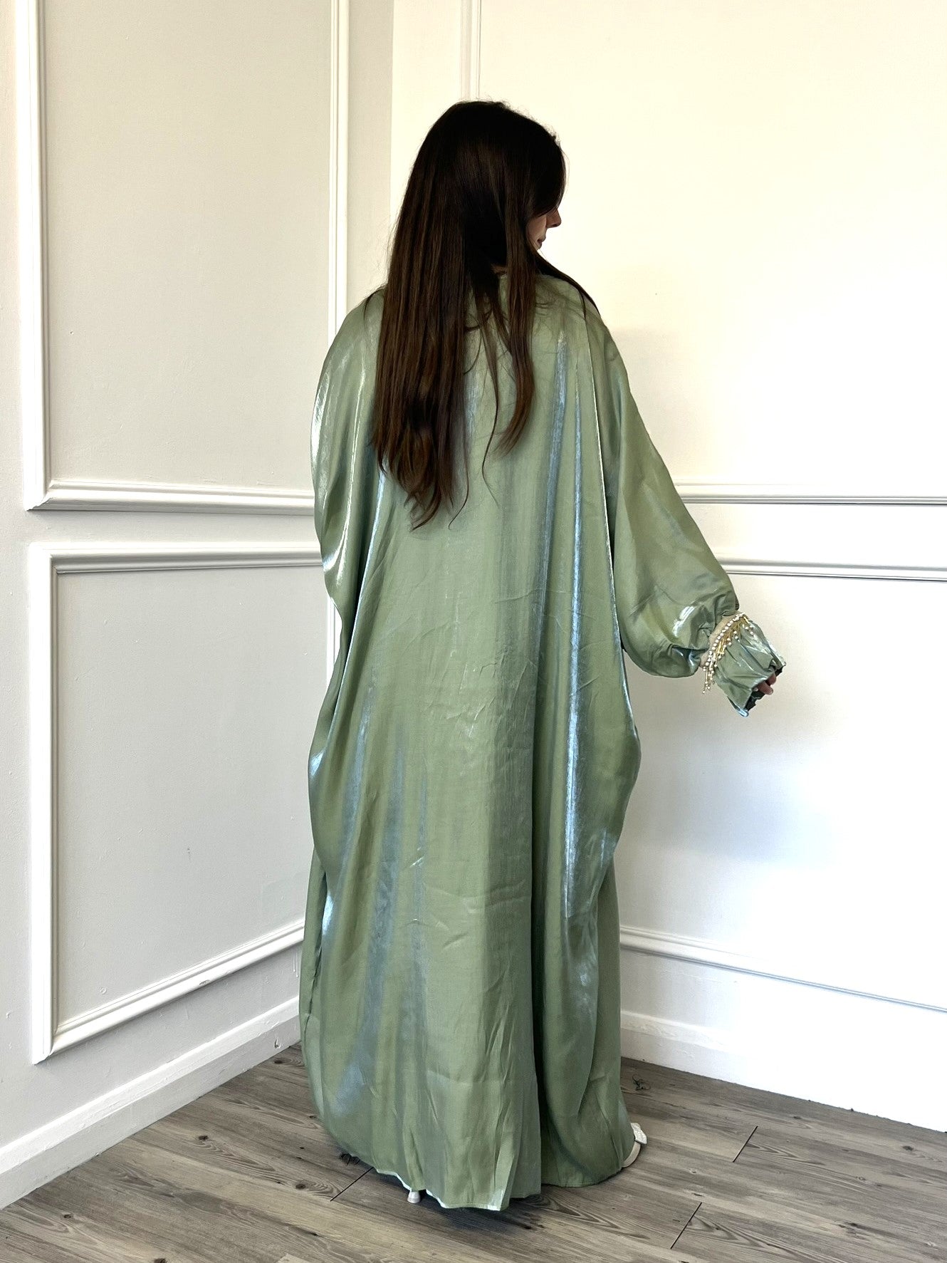 Pearl Sleeve Shimmer 2 Piece Abaya - Sage Green