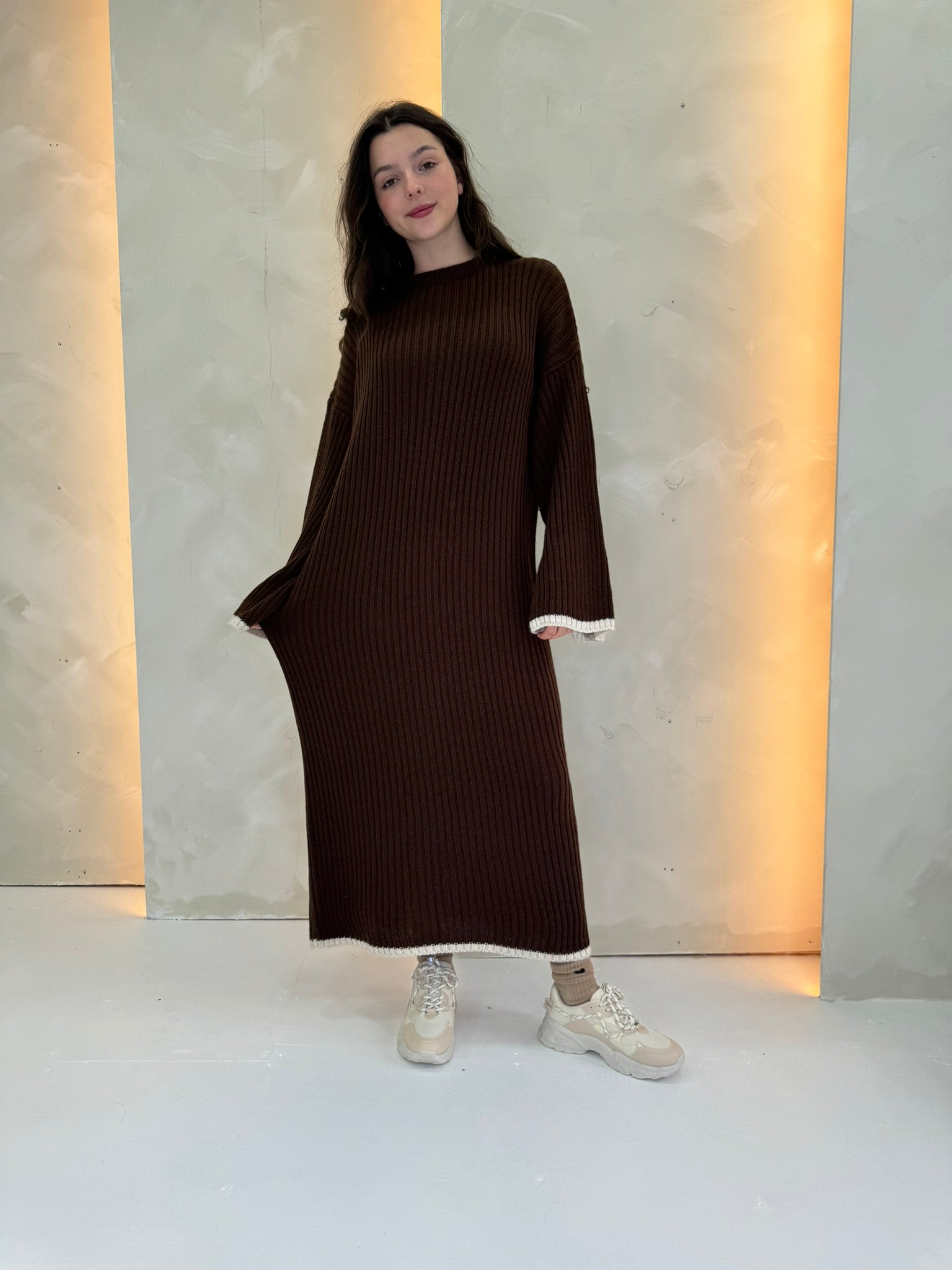 Knitted Dark Brown Maxi Jumper Dress | Modest Winter Outfits Femme Couture Knitted Dark Brown Maxi Jumper Dress | Modest Winter Outfits Femme Couture