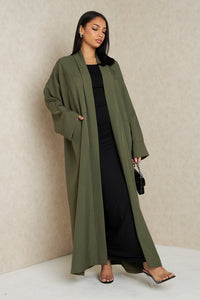 Linen Look Kimono Abaya - Khaki