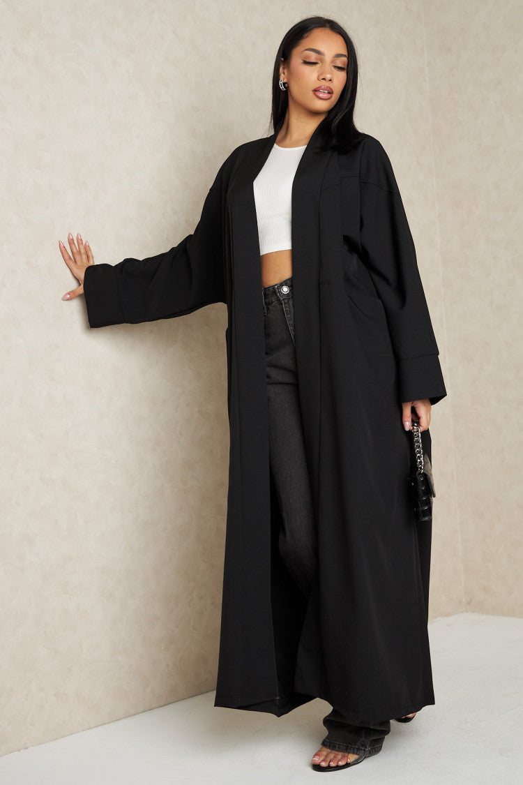 Linen Look Kimono Abaya - Black