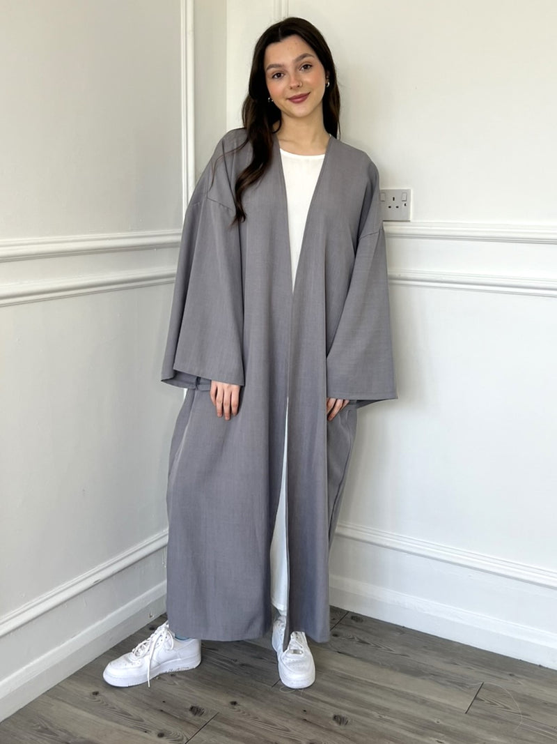 Linen Look Kimono Abaya - Grey