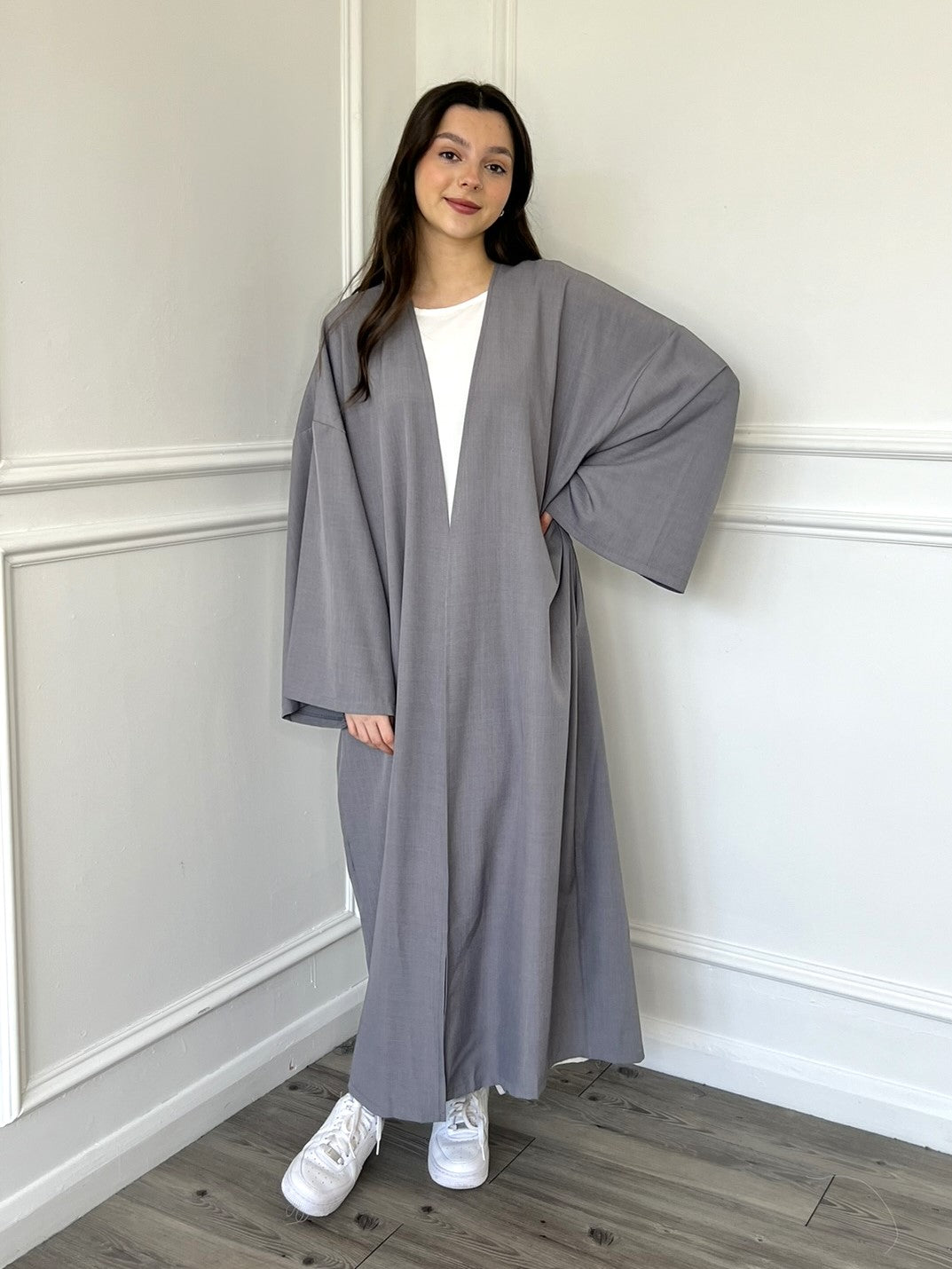 Linen Look Kimono Abaya - Grey