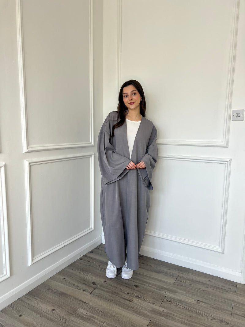 Linen Look Kimono Abaya - Grey