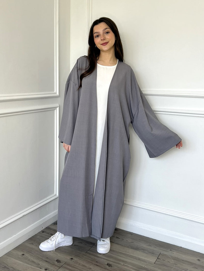 Linen Look Kimono Abaya - Grey