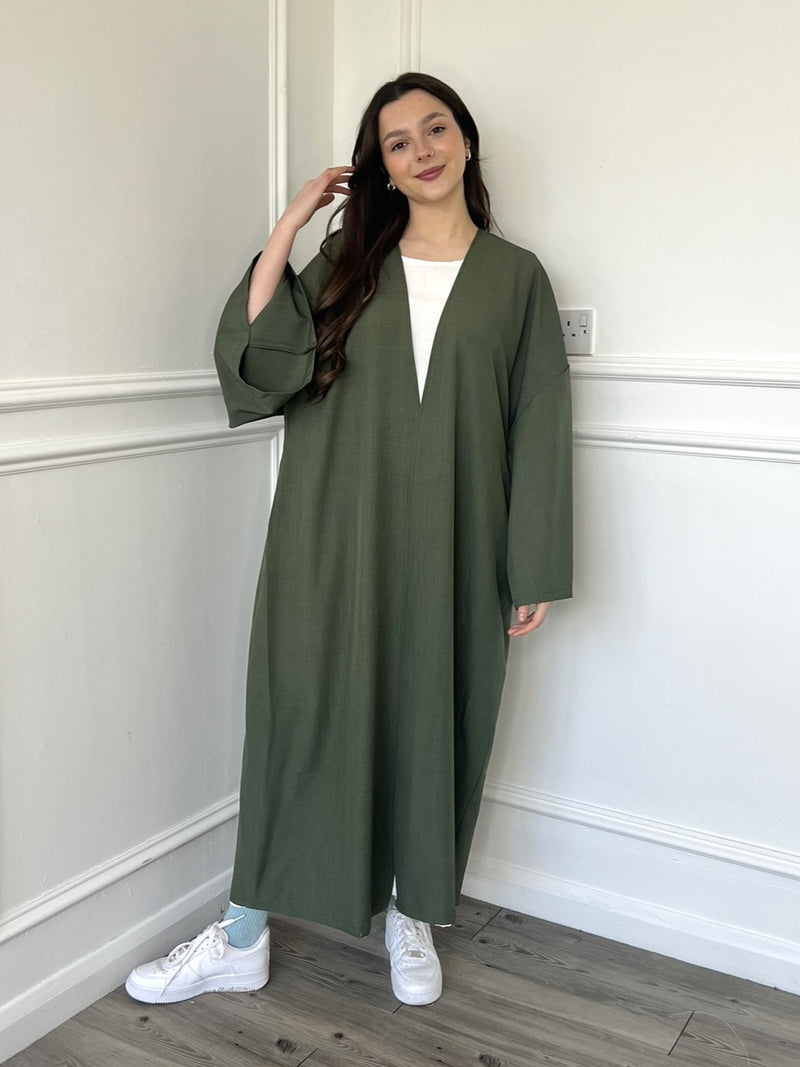 Linen Look Kimono Abaya - Khaki