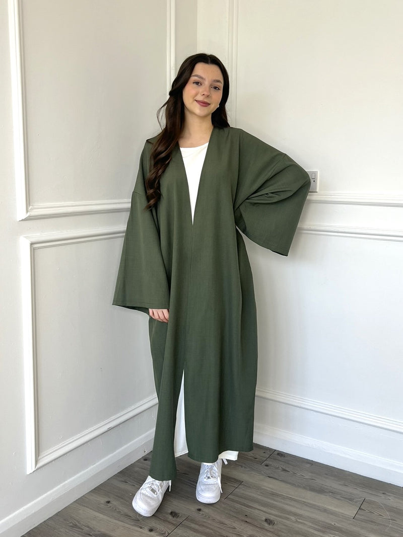 Linen Look Kimono Abaya - Khaki