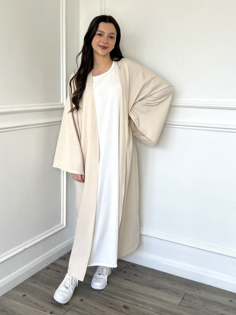 Linen Look Kimono Abaya - Cream