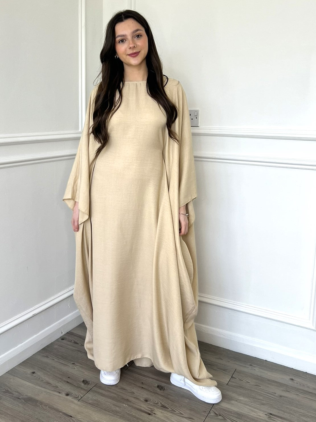 Beige Linen Butterfly Holiday Kaftan Dress | Modest Clothing Femme Couture Beige Linen Butterfly Holiday Kaftan Dress | Modest Clothing Femme Couture