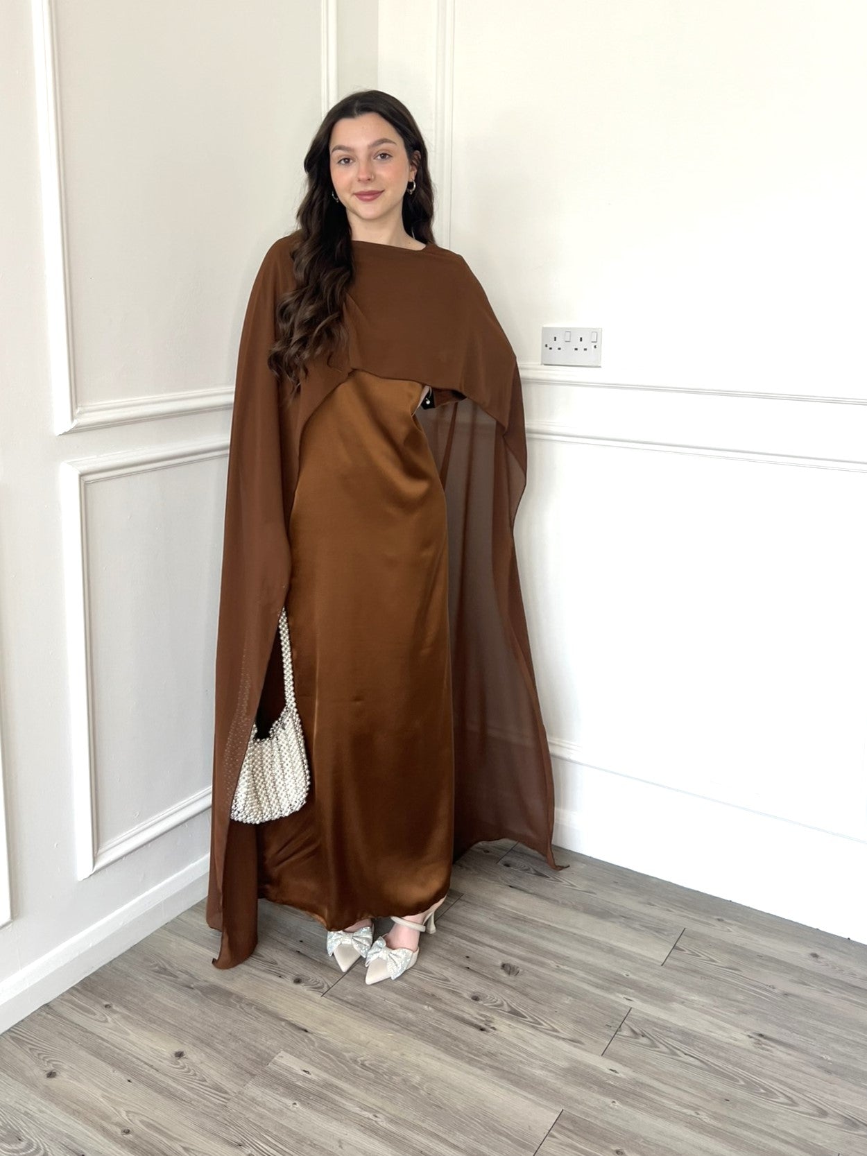 cape dress brown Cape Sleeve Jersey Dress in Brown