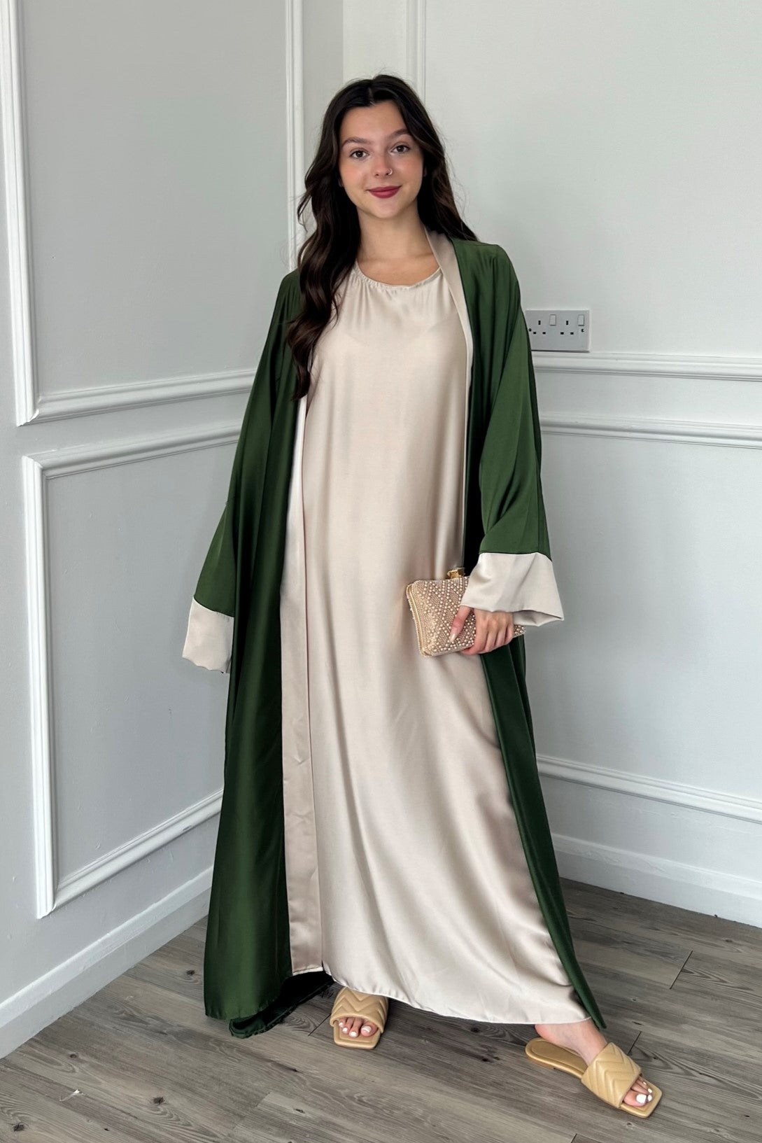 Gold Trim Abaya - Khaki