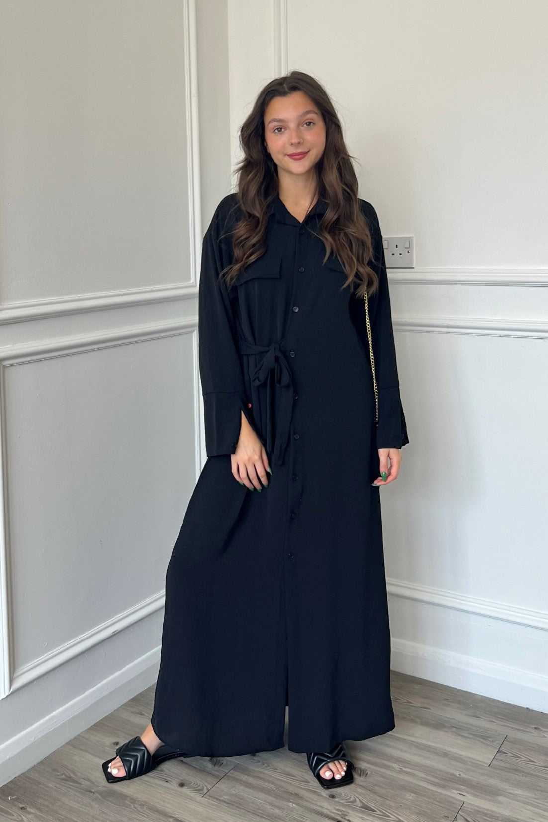 modest shirt dress Long Kimono Modest Outerwear Shirt Dress in Flared Black Medium (12-14) / Tall (5'6" +) / Black Floral