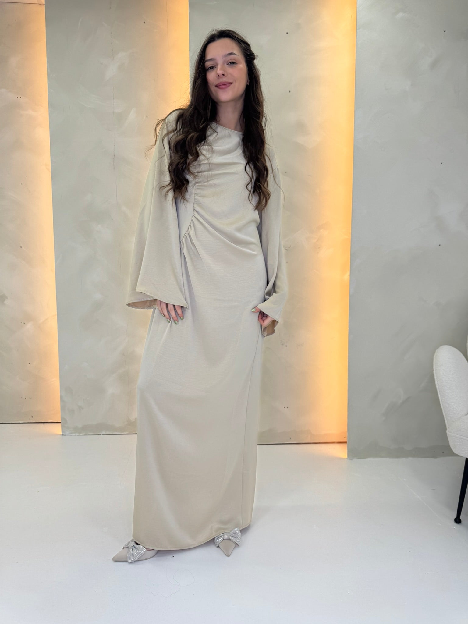 Maxi Long Sleeve Beige Satin Dress | Modest Winter Outfits Femme Couture Maxi Long Sleeve Beige Satin Dress | Modest Winter Outfits Femme Couture
