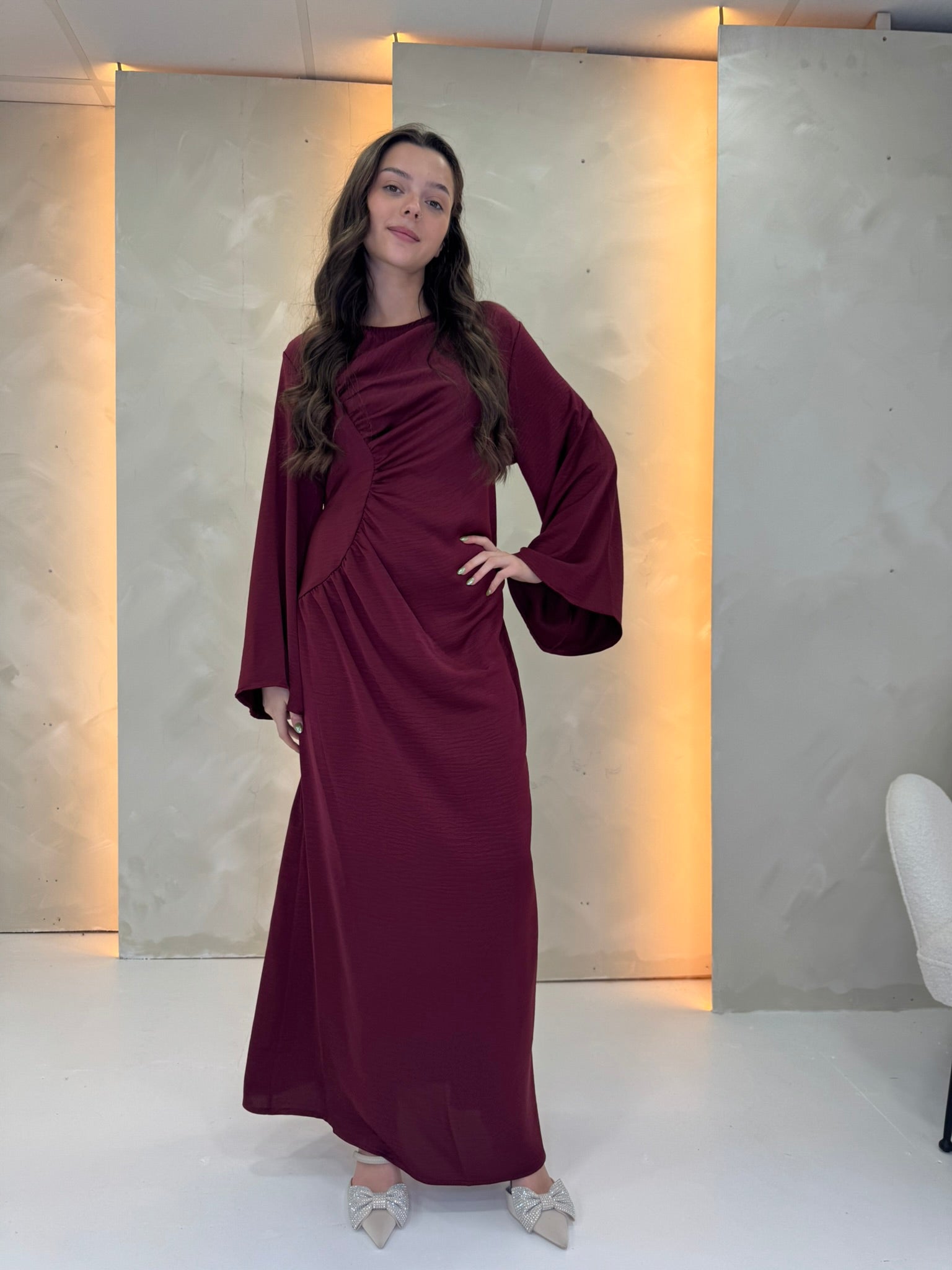 Maxi Long Sleeve Burdundy Satin Dress | Modest Winter Outfits Femme Couture Maxi Long Sleeve Burdundy Satin Dress | Modest Winter Outfits Femme Couture