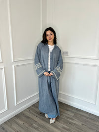 Pearl Sleeve Linen Abaya - Blue