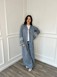 Pearl Sleeve Linen Abaya - Blue