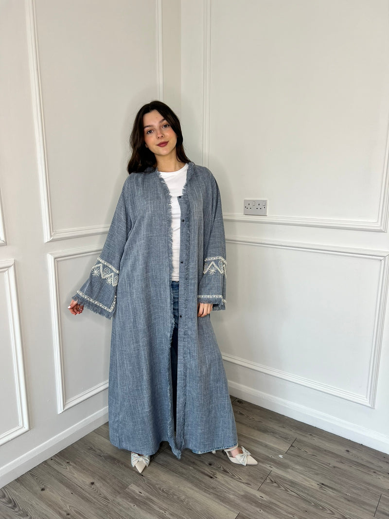 Pearl Sleeve Linen Abaya - Blue