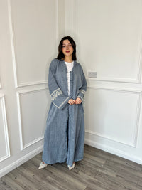 Pearl Sleeve Linen Abaya - Blue