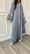 Pearl Sleeve Linen Abaya - Blue